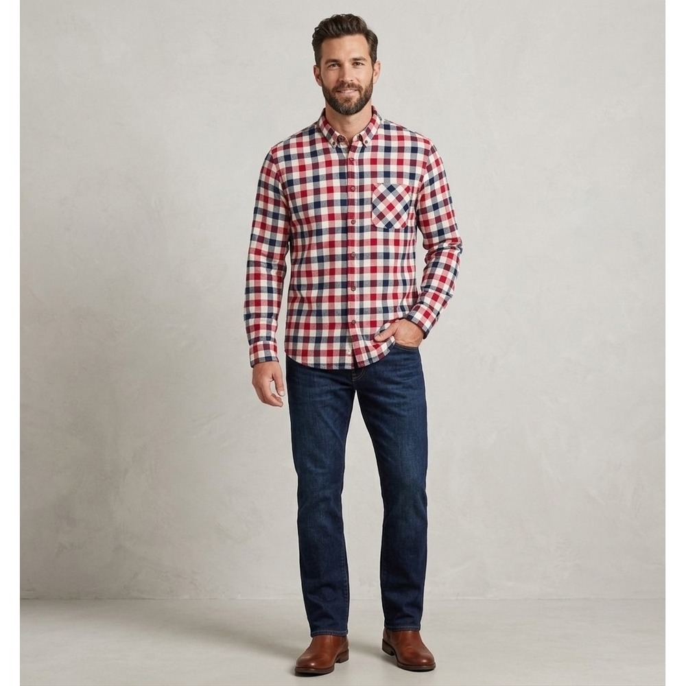 Frank & Oak Mens Large Red Navy Blue Plaid Button Down Shirt 111218 Cotton